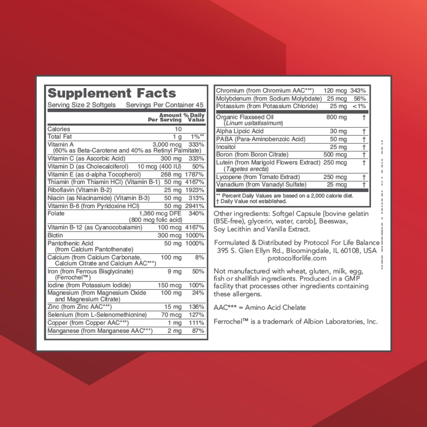 PROTOCOL FOR LIFE BALANCE Ortho Multi Complete Vitamins & Minerals Complex 90 Softgels