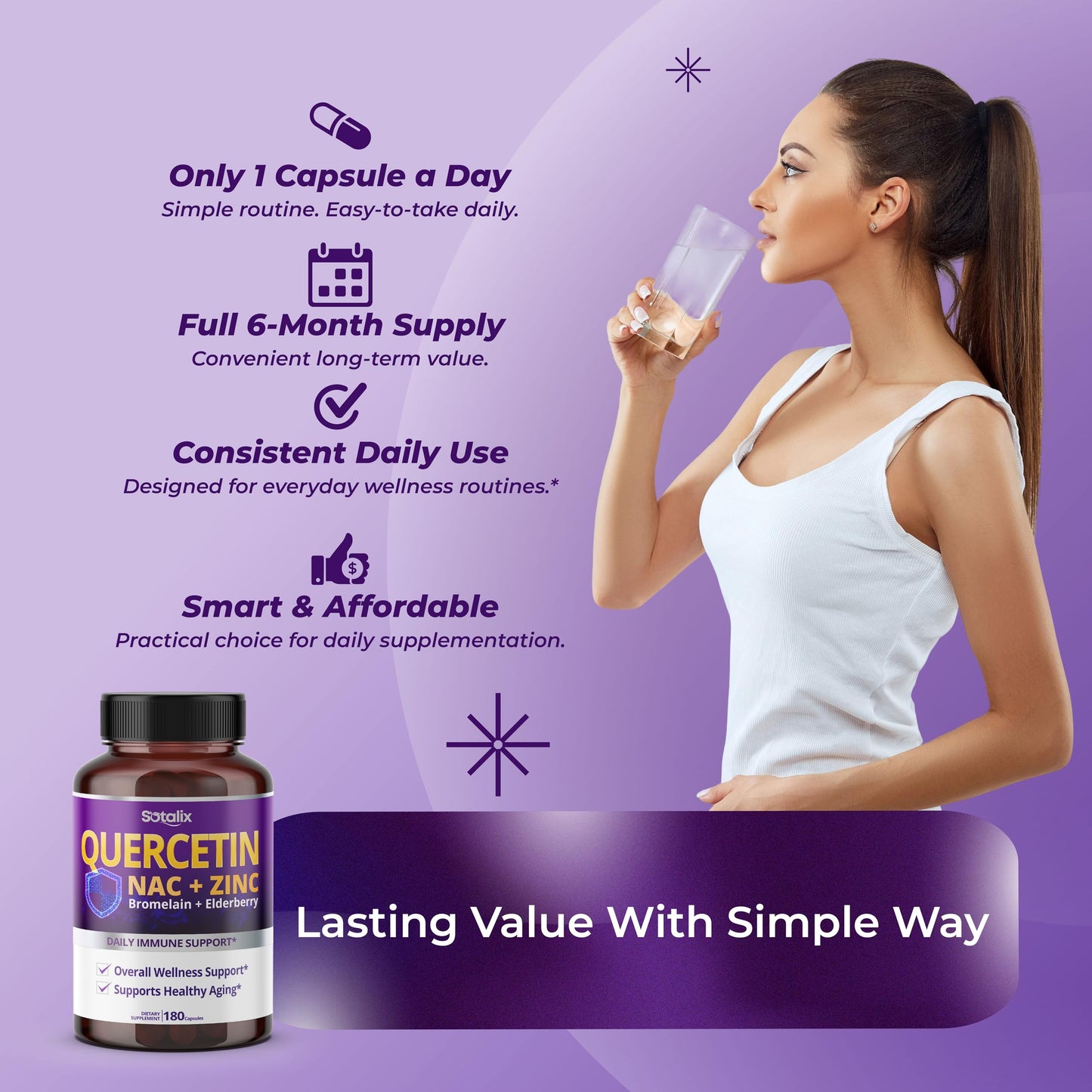 Sotalix Supplement Quercetin 98% High Purity with Bromelain, Zinc, Vitamin D3 2000 IU, Elderberry Capsules 180 Count