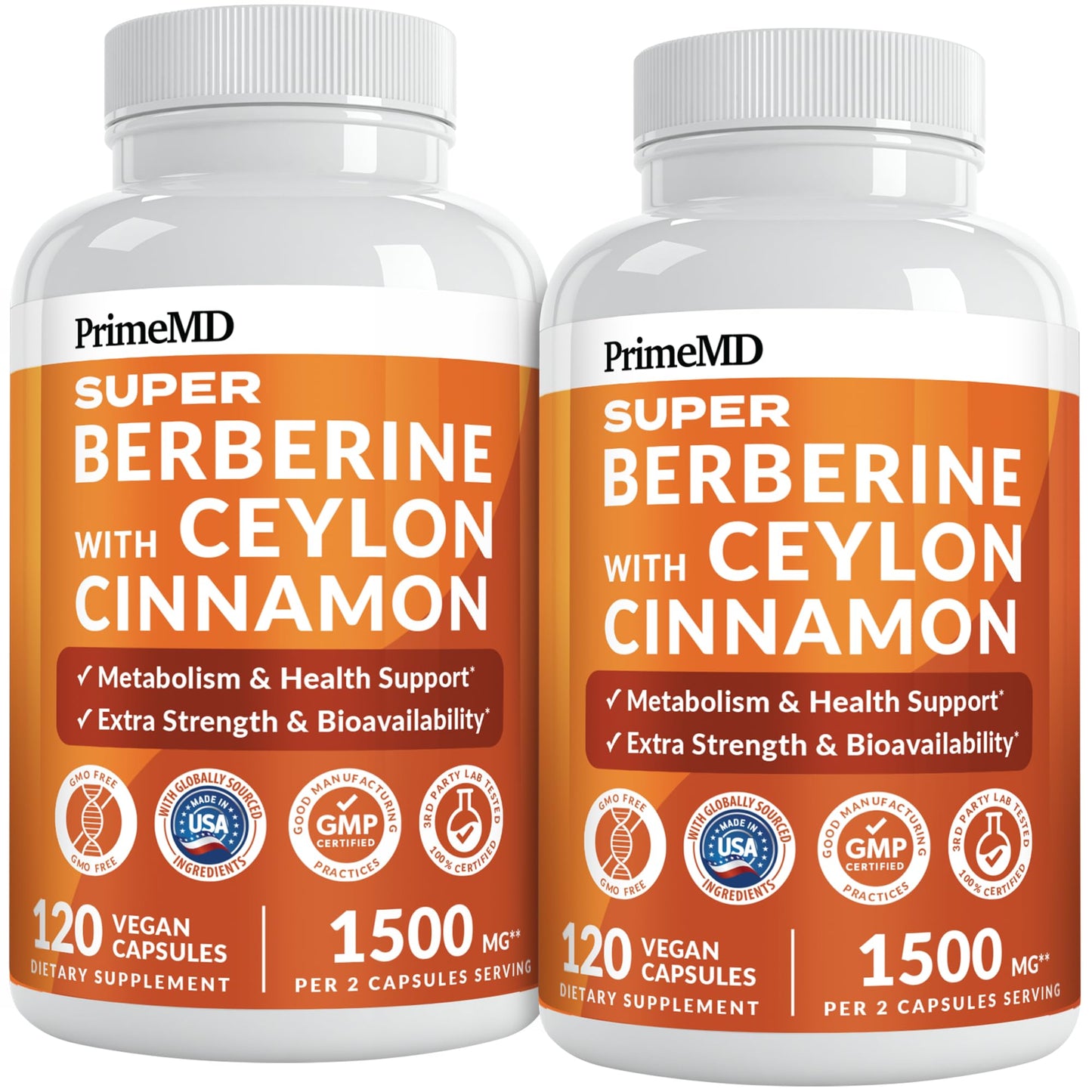 PrimeMD Super Berberine Capsule 1500mg with Ceylon Cinnamon, BioPerine, Apple Cider, and Turmeric, 8-in-1 Dihydroberberine, 240 Capsules