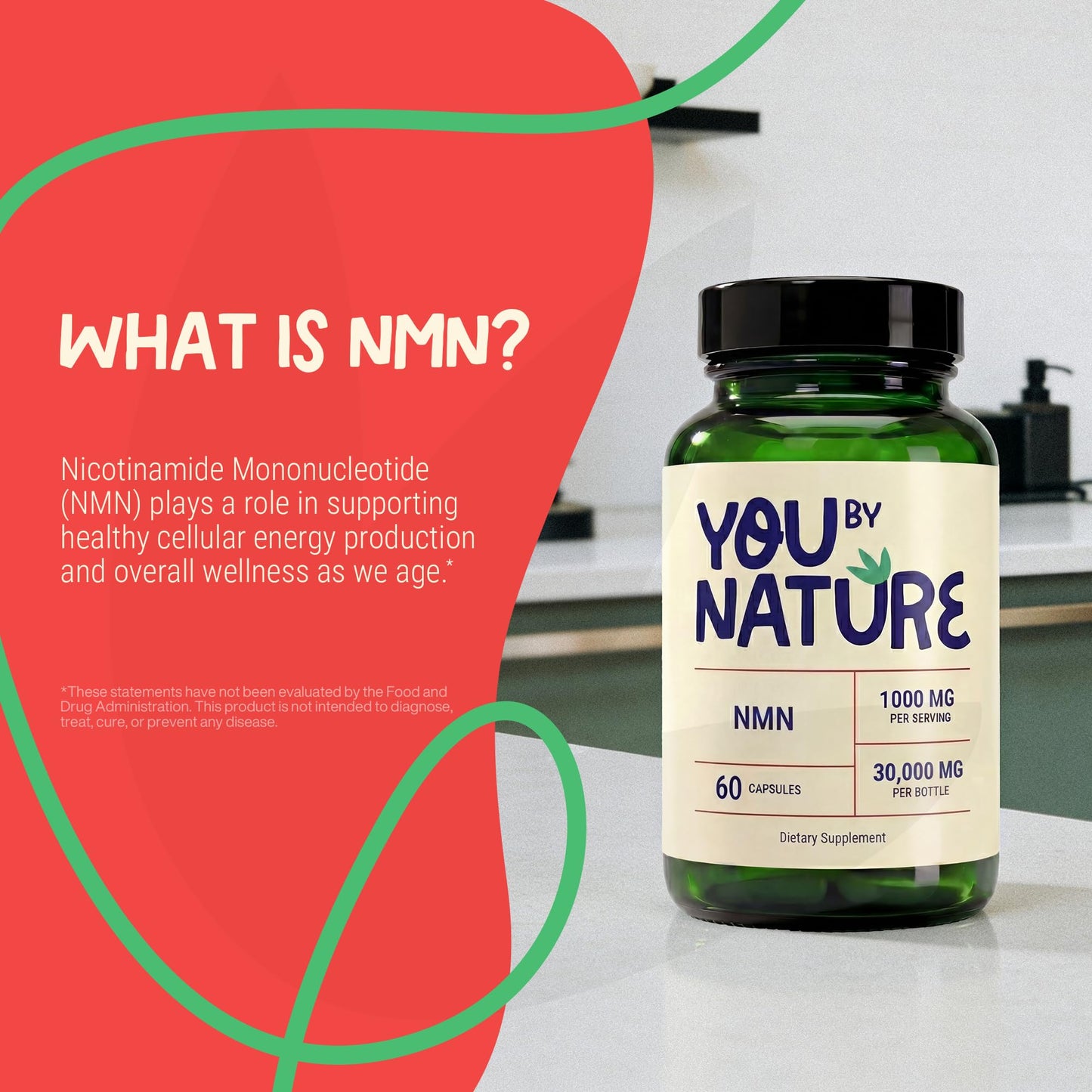 YOUBYNATURE NMN 1000mg Nicotinamide Mononucleotide Supplement, 60 Capsules