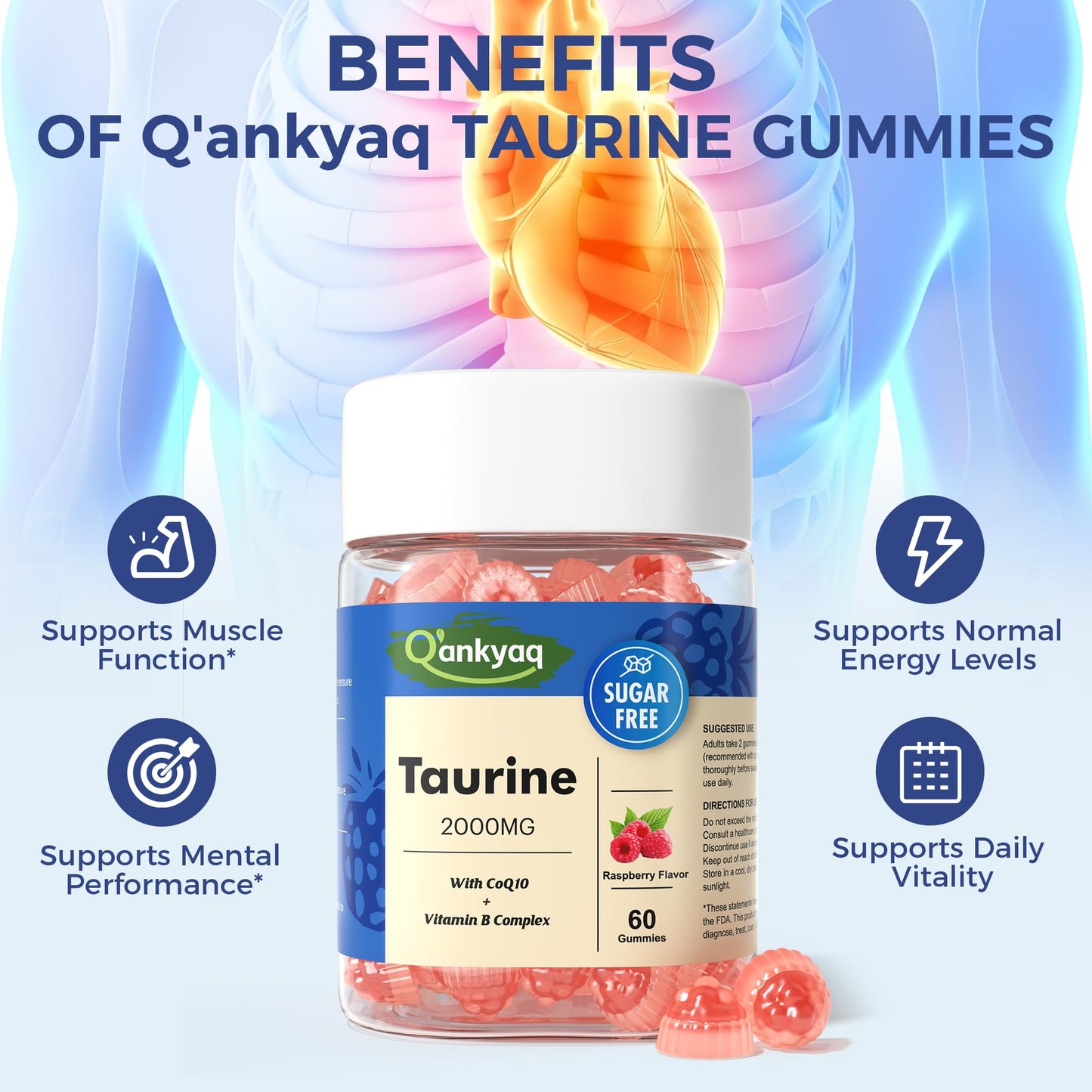 Q'ankyaq Taurine 2000mg Gummies with CoQ10 Sugar Free, 60 Count