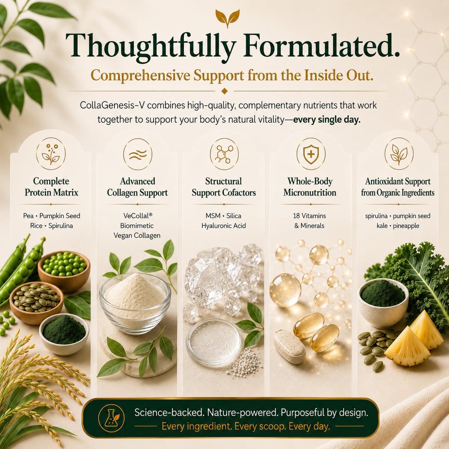 CollaGenesis V Vegan Collagen Support Whole-Body System Biomimetic Vegan Collagen, 25g Protein, MSM & Hyaluronic Acid, Complete Amino Acid Profile, 18 Vitamins & Minerals – Unflavored Powder, 39.5 oz