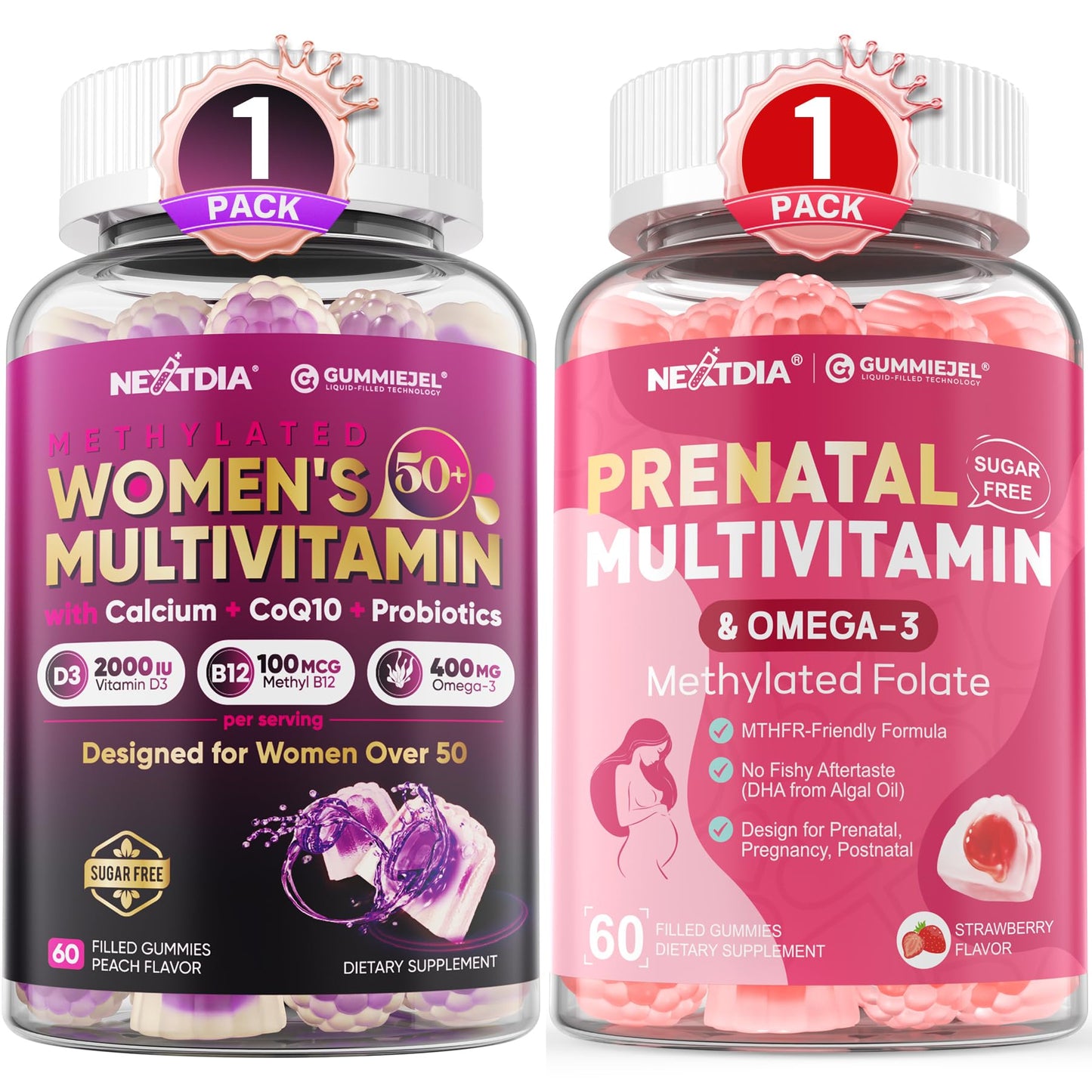 Nextdia Women 50+ Multivitamin Gummies + Prenatal Vitamins Gummies 120 Count