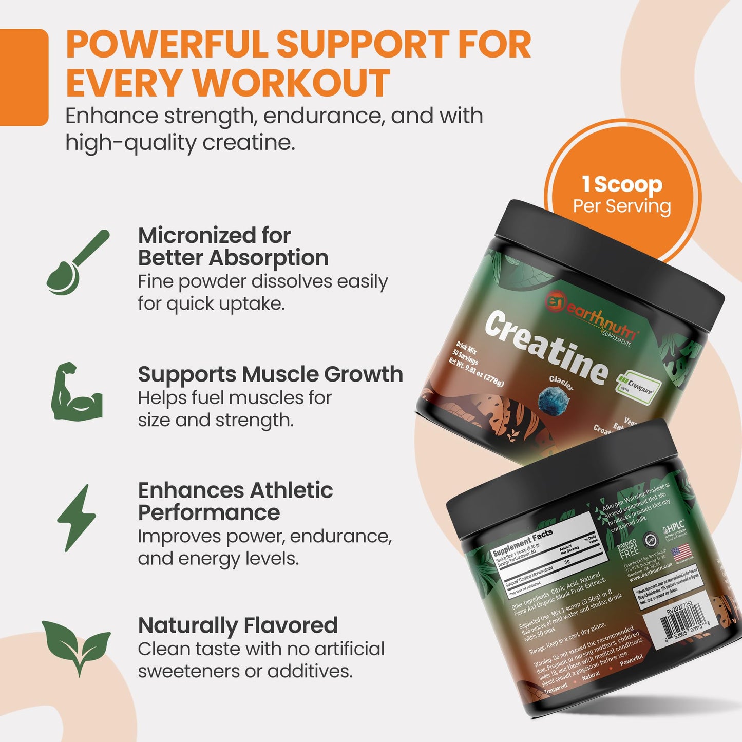 EarthNutri Creatine Monohydrate Powder 50 Servings