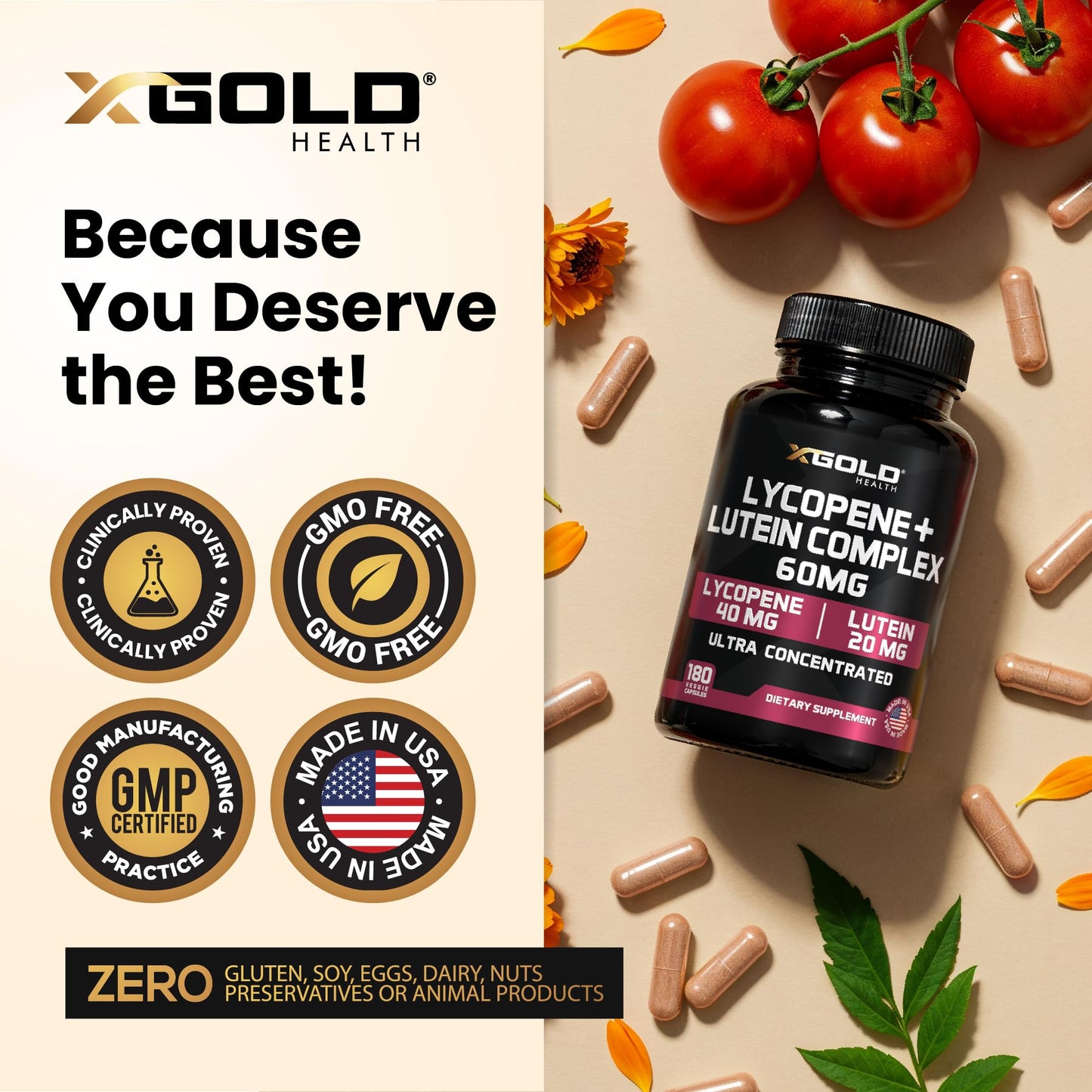 X Gold Health Lycopene 5% + Lutein Supplement 60mg Capsules, 180 Capsules