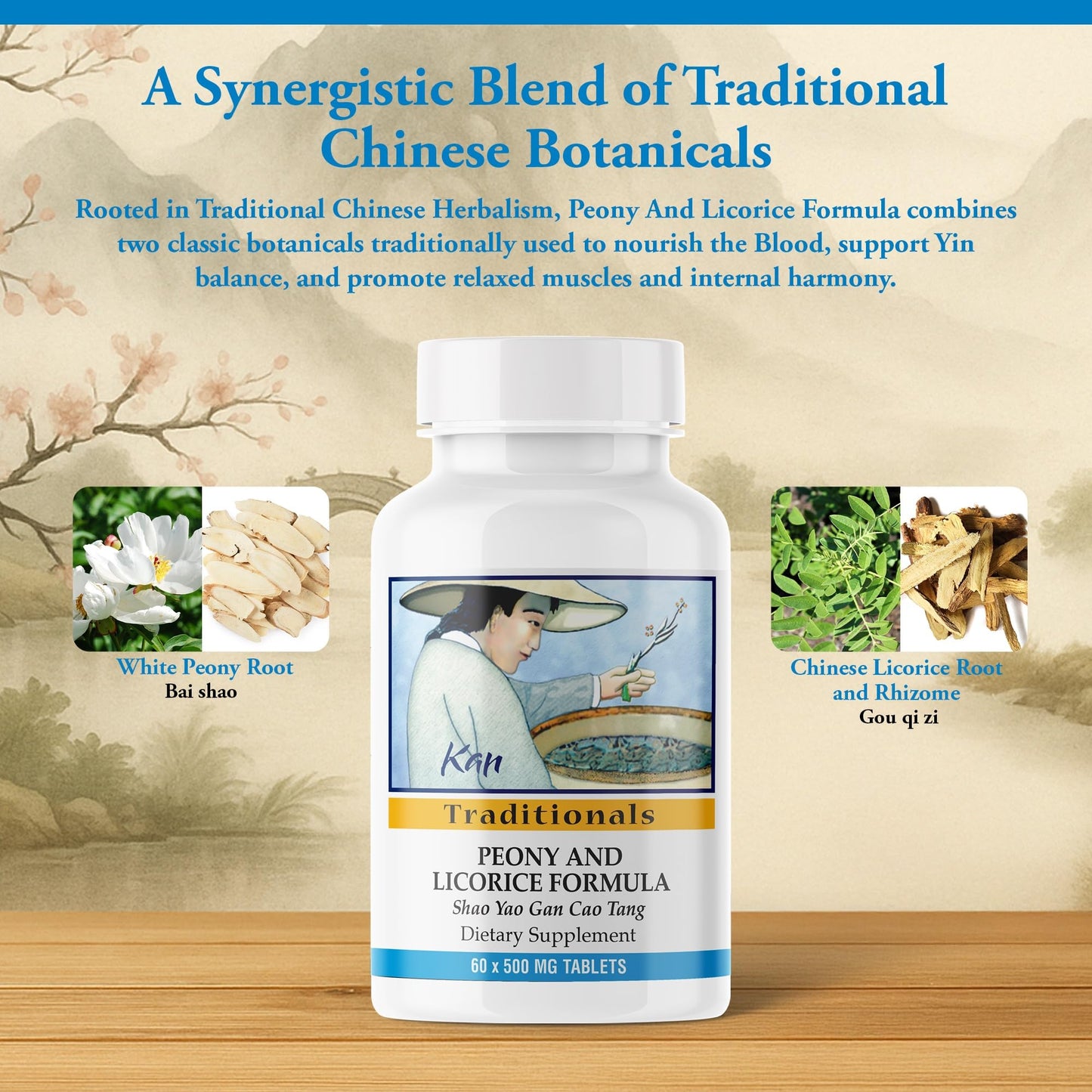 Kan Herb Peony & Licorice Formula Tablets Traditional Chinese Herbal Blend with White Peony Root & Chinese Licorice to Support Liver Balance, Muscle Comfort & Digestive Harmony, 60 Tablets