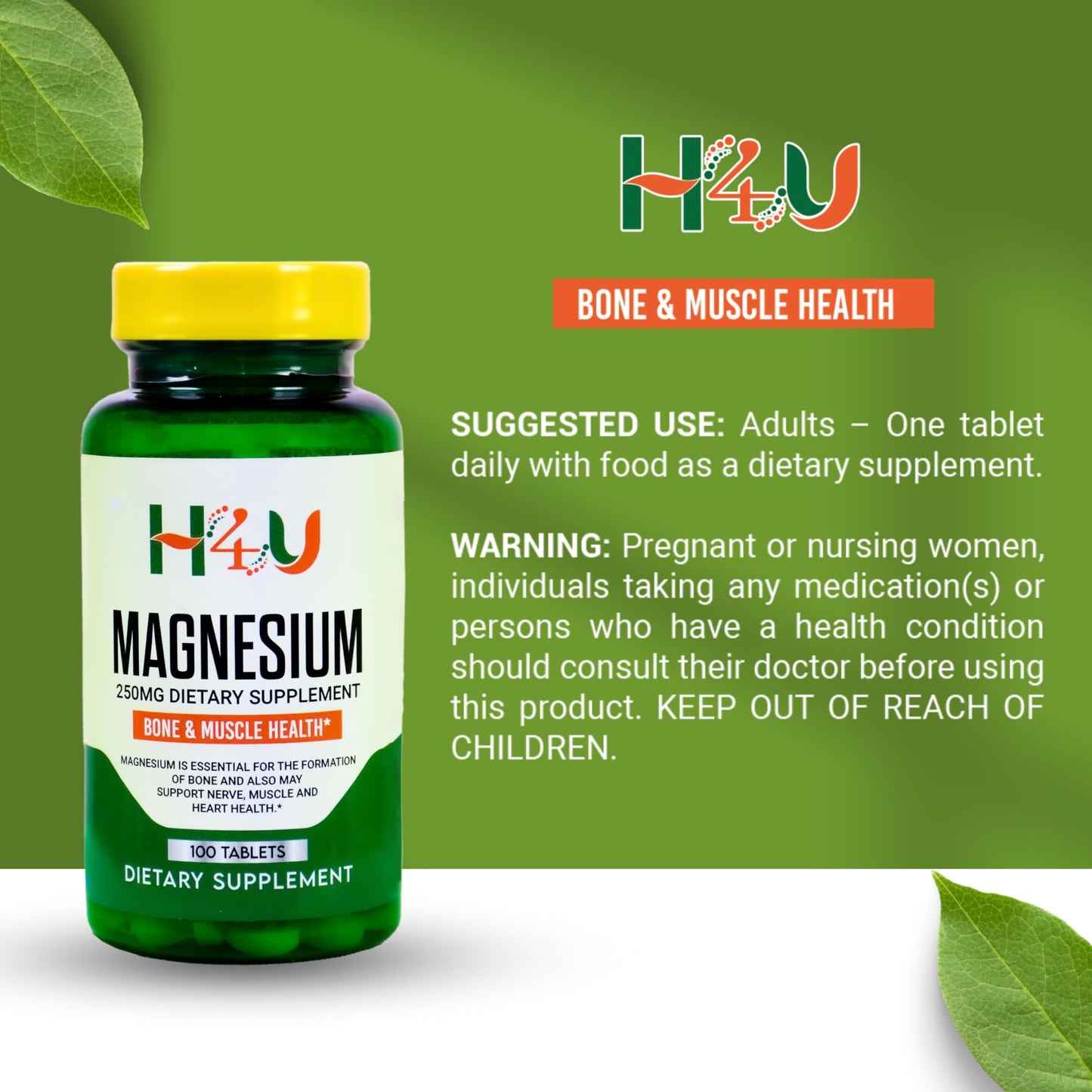 4 TOP CARE Magnesium Bone & Muscle Health Dietary Supplement Tablets, 250 mg, 100 Count