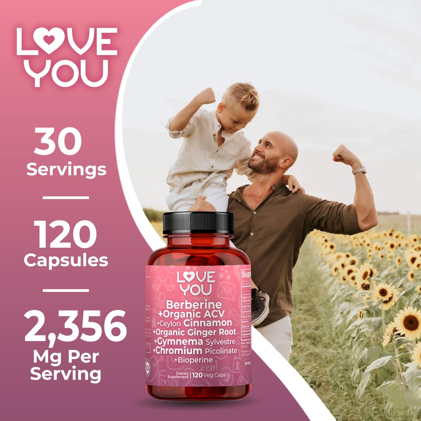 Love You Berberine Complex with Ceylon Cinnamon, Organic ACV with The Mother, Gymnema, Ginger & Chromium | 2,356 mg Eq. per Serving | 120 Vegan Capsules