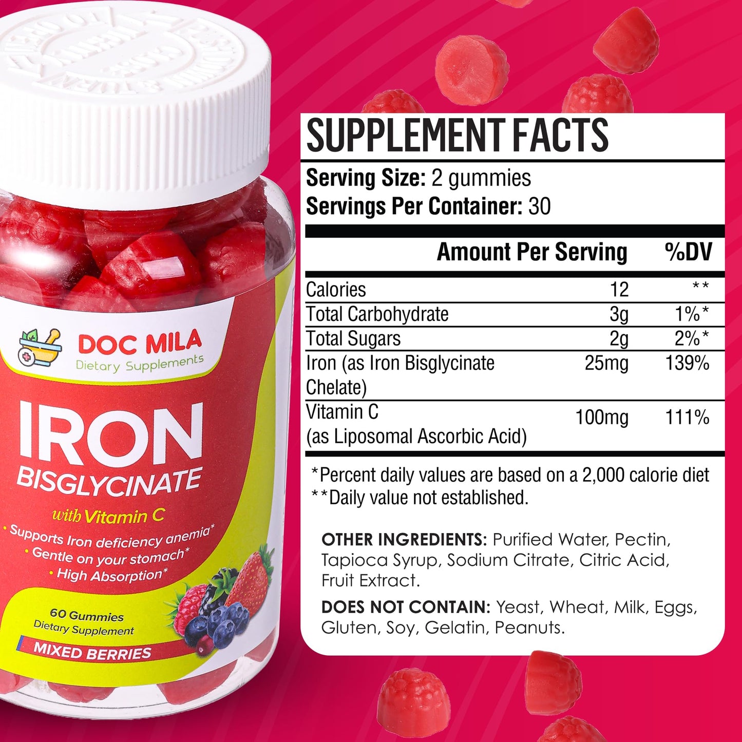 Doc Mila Iron Bisglycinate Gummies 25mg with Liposomal Vitamin C, 60 Gummies