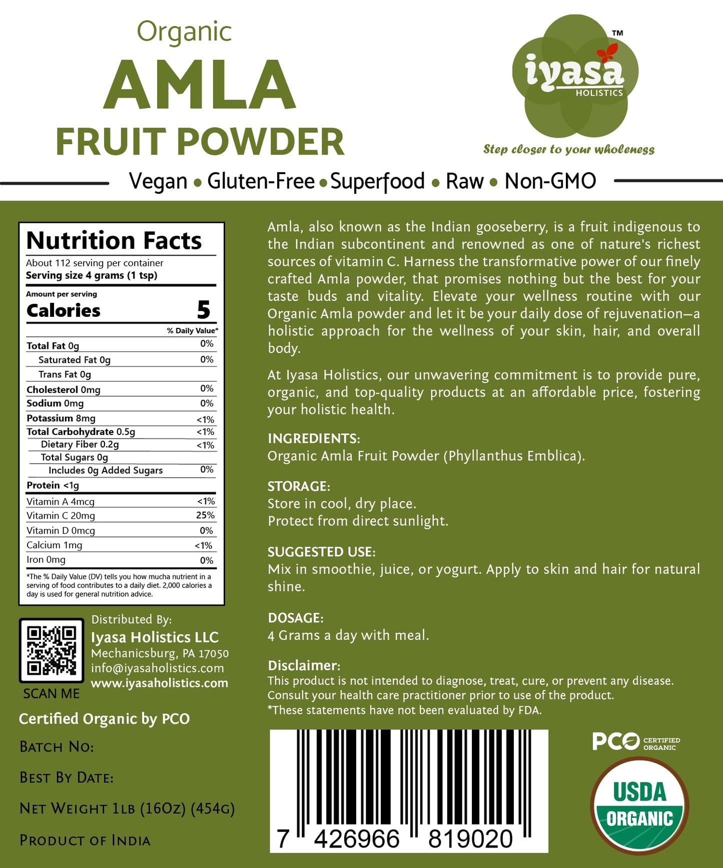 Iyasa Holistics Amla Organic Powder 16 oz