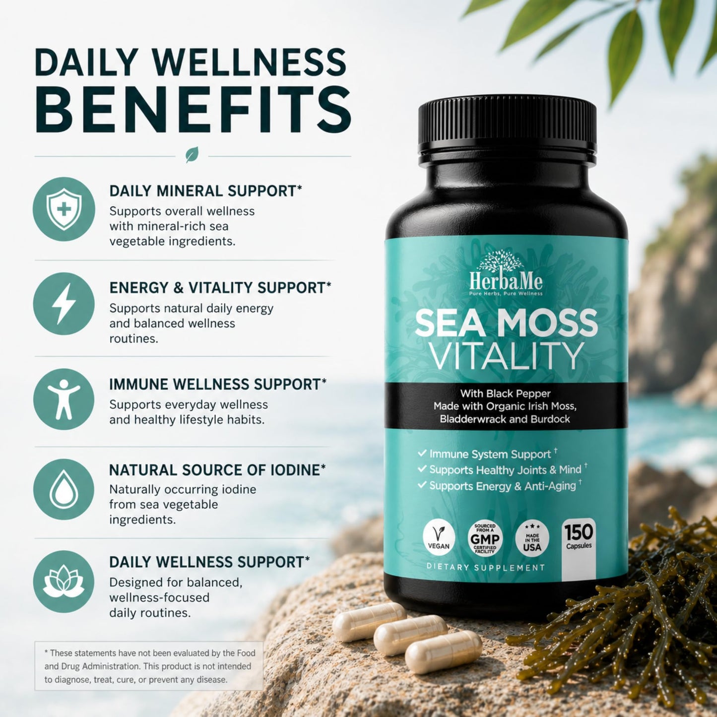 HerbaMe Organic Irish Sea Moss Supplement with Bladderwrack & Burdock, 150 Capsules