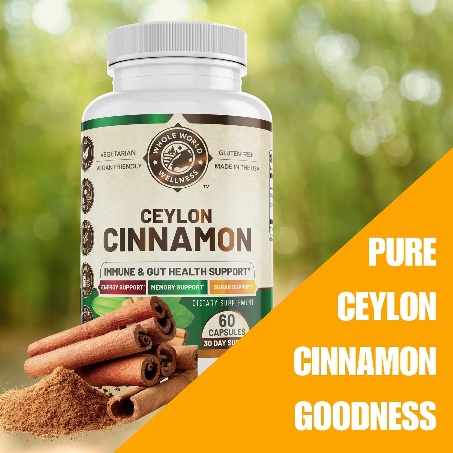 WHOLE WORLD WELLNESS Organic Ceylon Cinnamon for Men & Women - Capsules, 60 Count