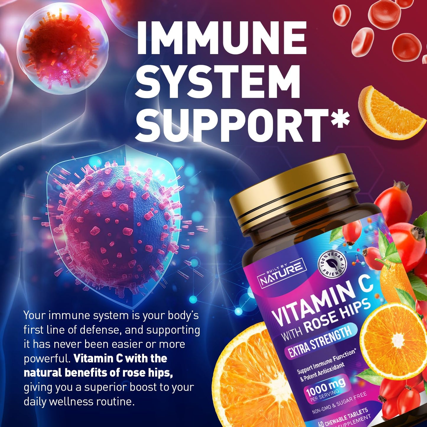Built by Nature Vitamin C with Rose Hips 1000mg Chewable, 60 Tablets