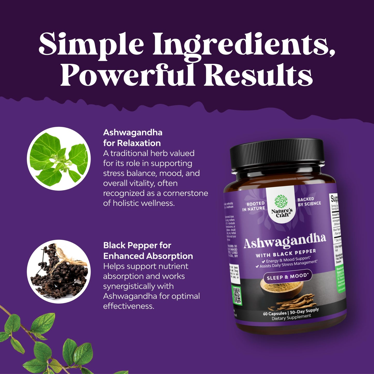 Natures Craft Ashwagandha Root Powder 1300 mg Capsules, 60 Count