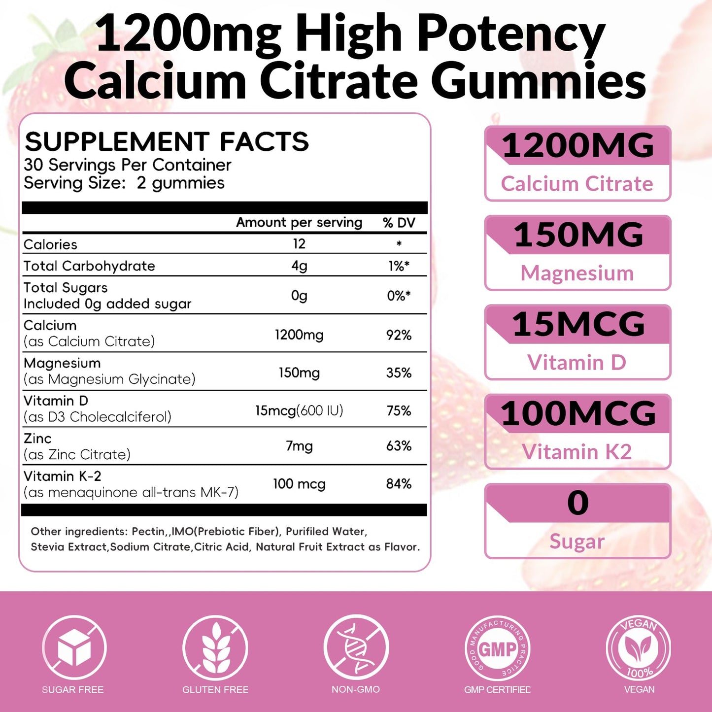 Vigorintha Calcium Citrate Gummies 1200mg with Magnesium, Vitamin D3, K2, Calcium Supplements for Women & Men - Easy to Digest, Vegan, Gluten Free, Sugar Free - Strawberry Flavor, 60 Gummies