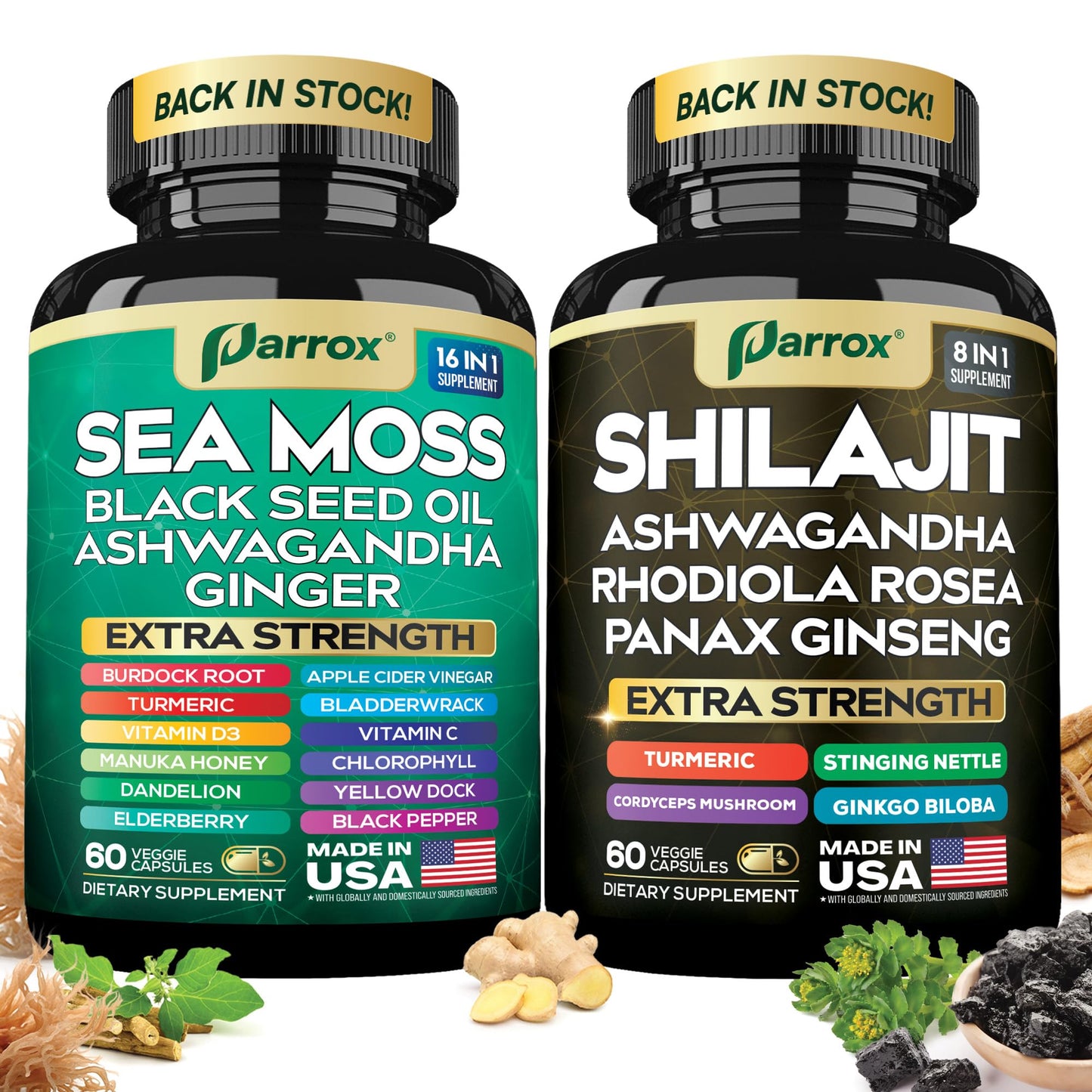 Parrox Shilajit & Sea Moss Bundle, Black Seed Oil & Ashwagandha, Dynamic Vitality Capsules 120
