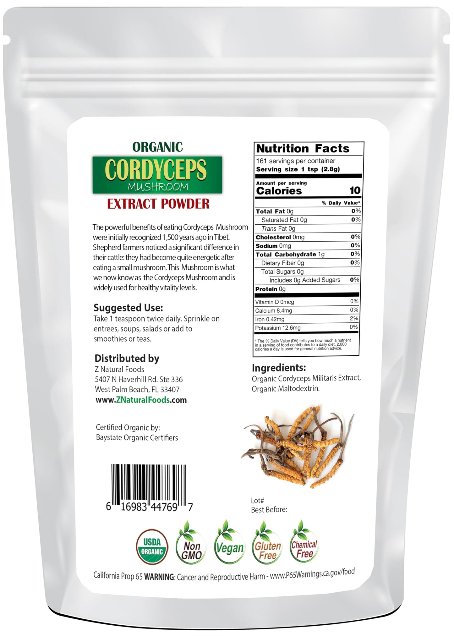 Z Natural Foods Organic Cordyceps Mushroom Extract Powder, 16 oz