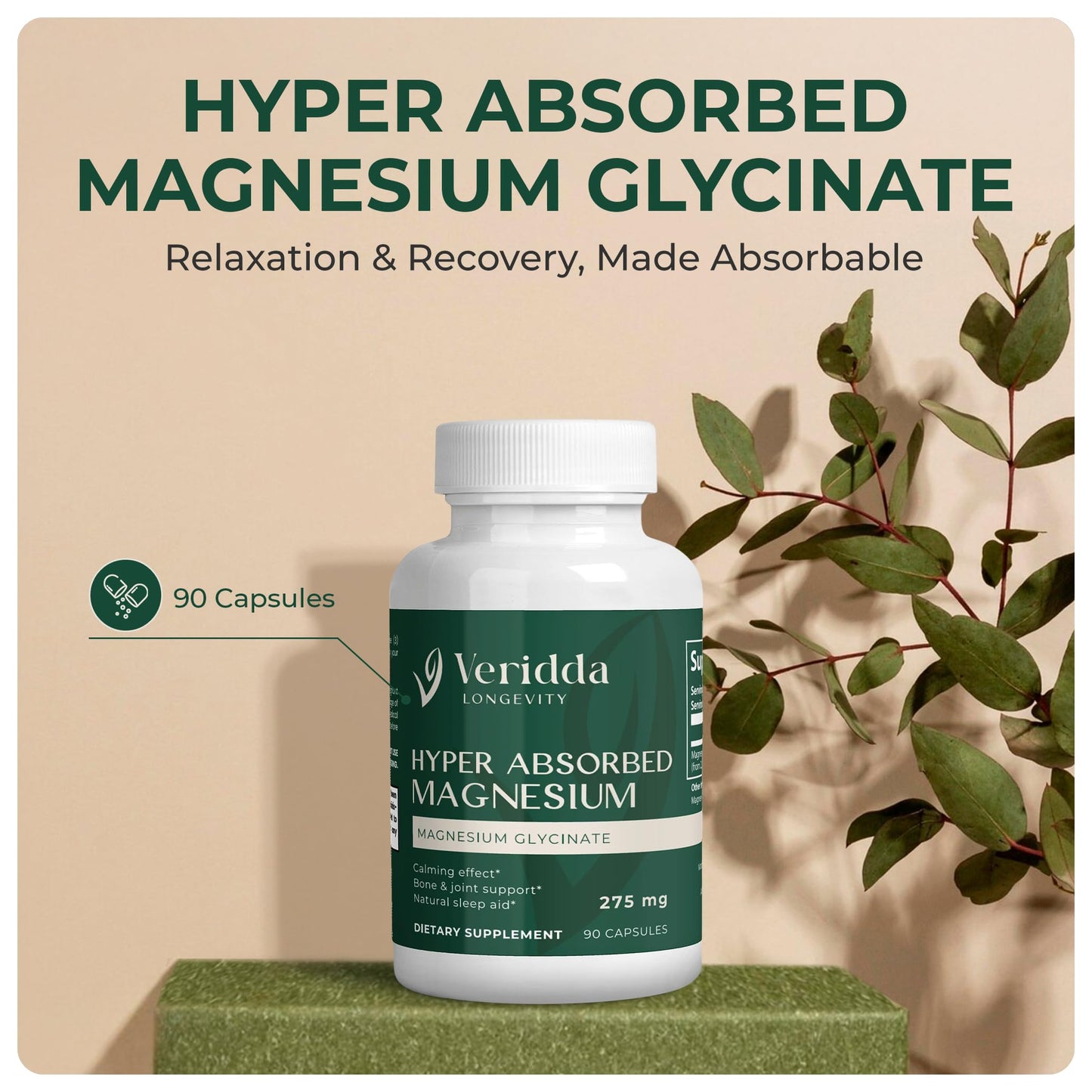 Veridda Longevity Magnesium Glycinate 275 mg Capsules 90 Count