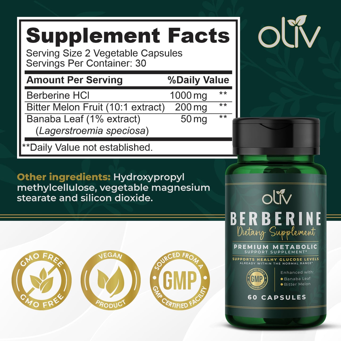 oliv Pure Berberine Supplement 60 Capsules
