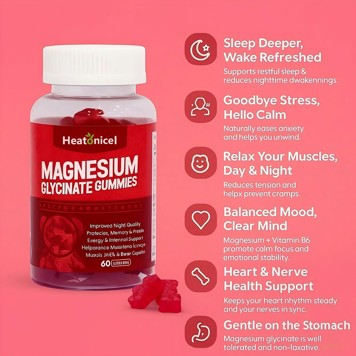 Heatonicel Magnesium Glycinate Gummies 400mg, 60 Count