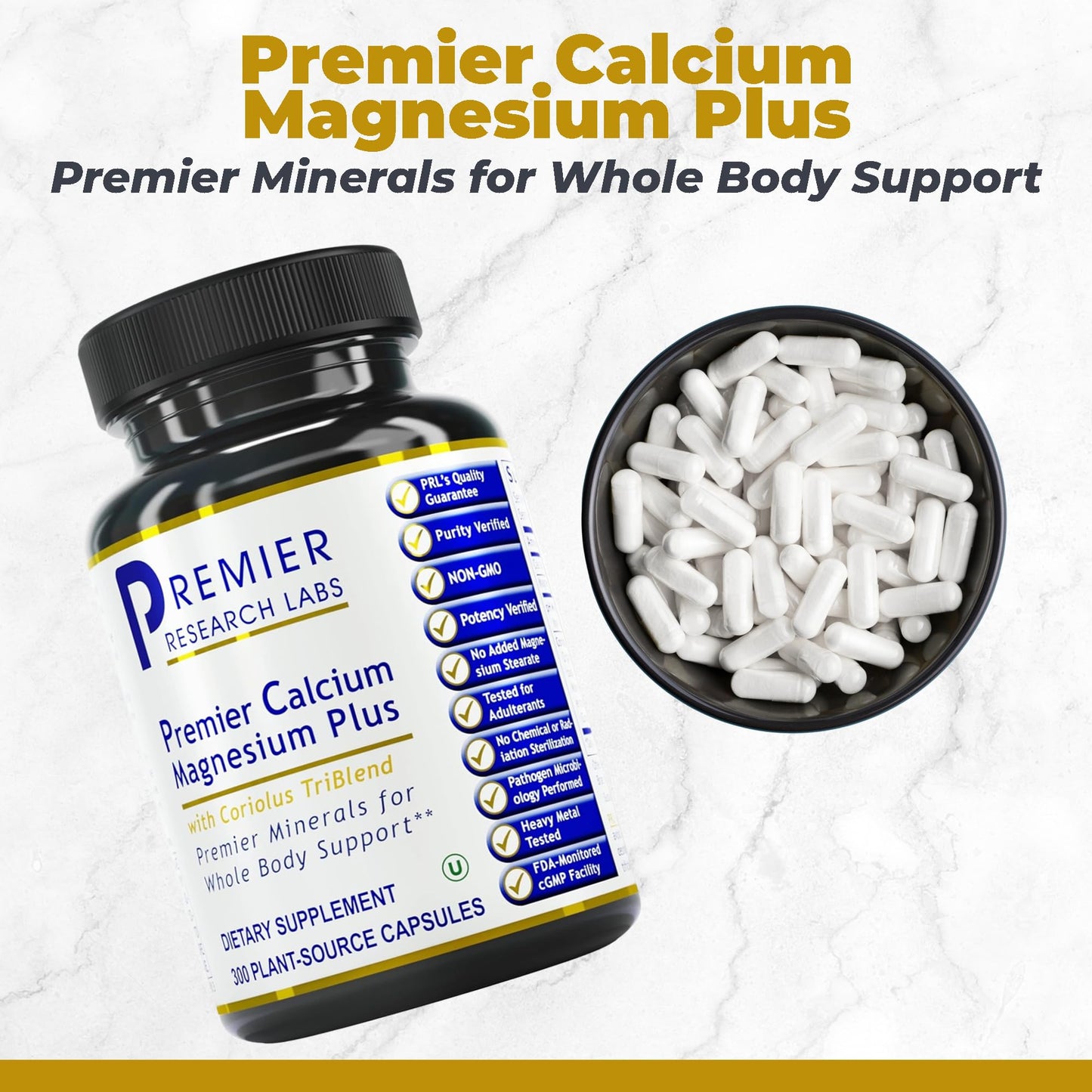 Premier Research Labs Calcium Magnesium Plus Calcium Magnesium Supplement, Mushroom Complex with Reishi & Lions Mane, 300 Capsules