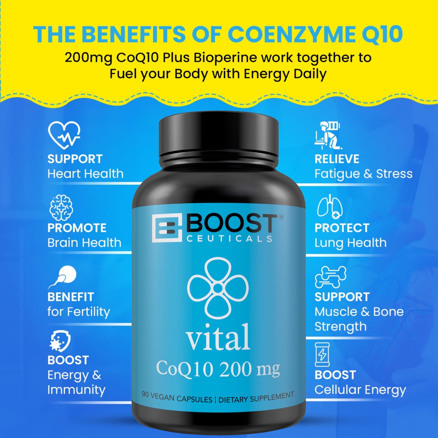 BoostCeuticals CoQ10 200mg Vegan Capsules with BioPerine - Ubiquinone, 90 Count