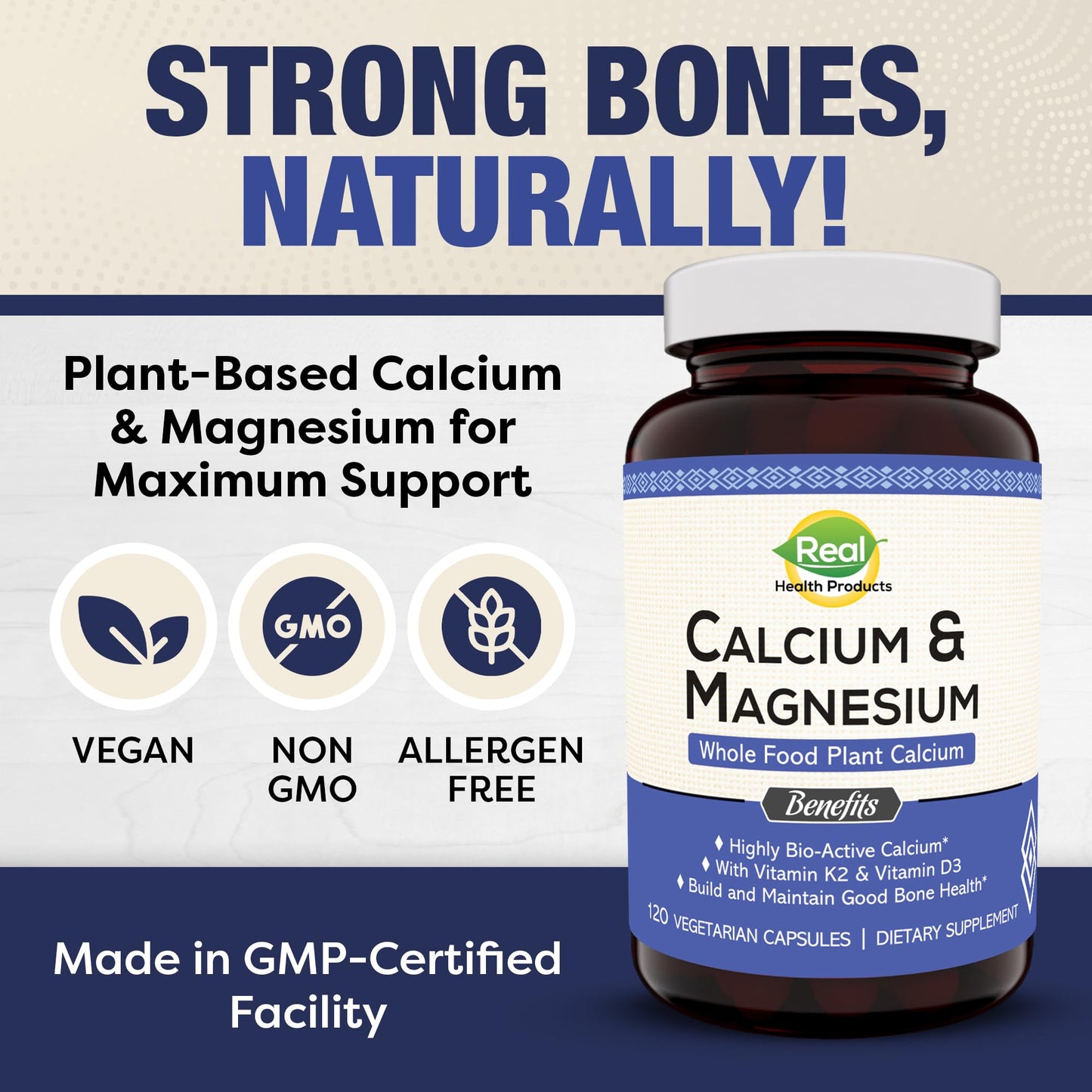RHP Plant Calcium & Magnesium Supplement with Boron, Vitamin D3 & K2 MK-7 - Optimal Calcium-Magnesium Ratio for Bone Strength and Health, 120 Capsules