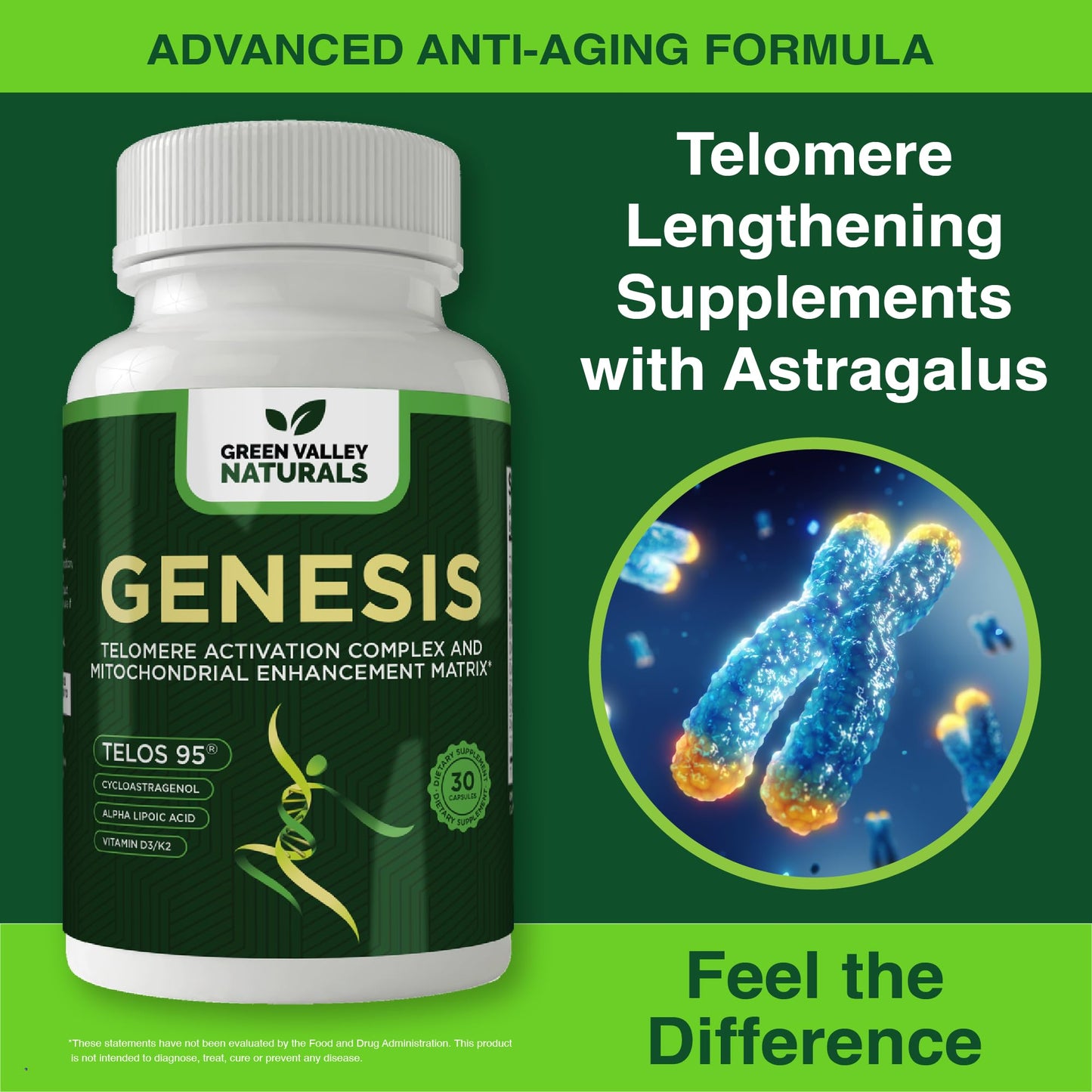 GREEN VALLEY NATURALS Genesis Telomere Length Supplement Capsule 60 Count