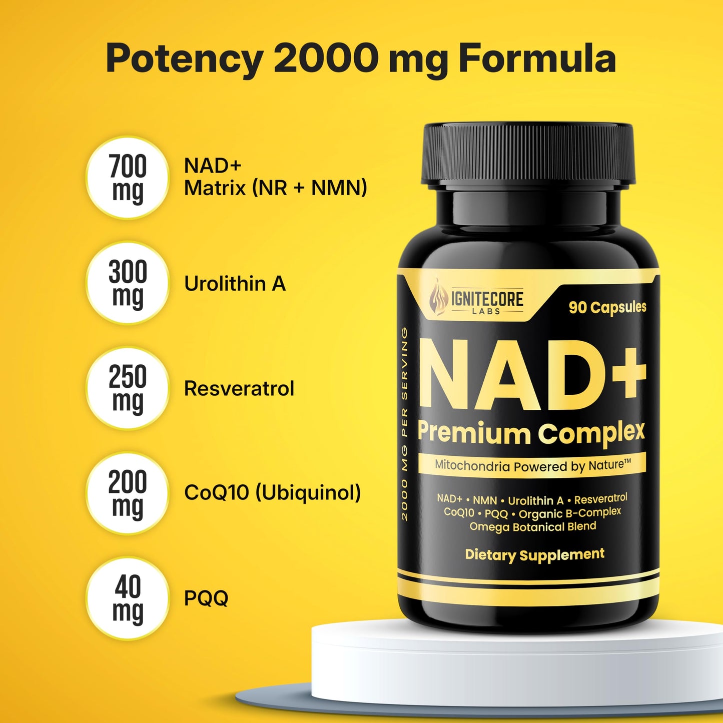 IgniteCore Labs NMN Supplement 2000mg NAD+ Complex with Nicotinamide Riboside, Urolithin A, Resveratrol, CoQ10, PQQ Capsules 90 Count