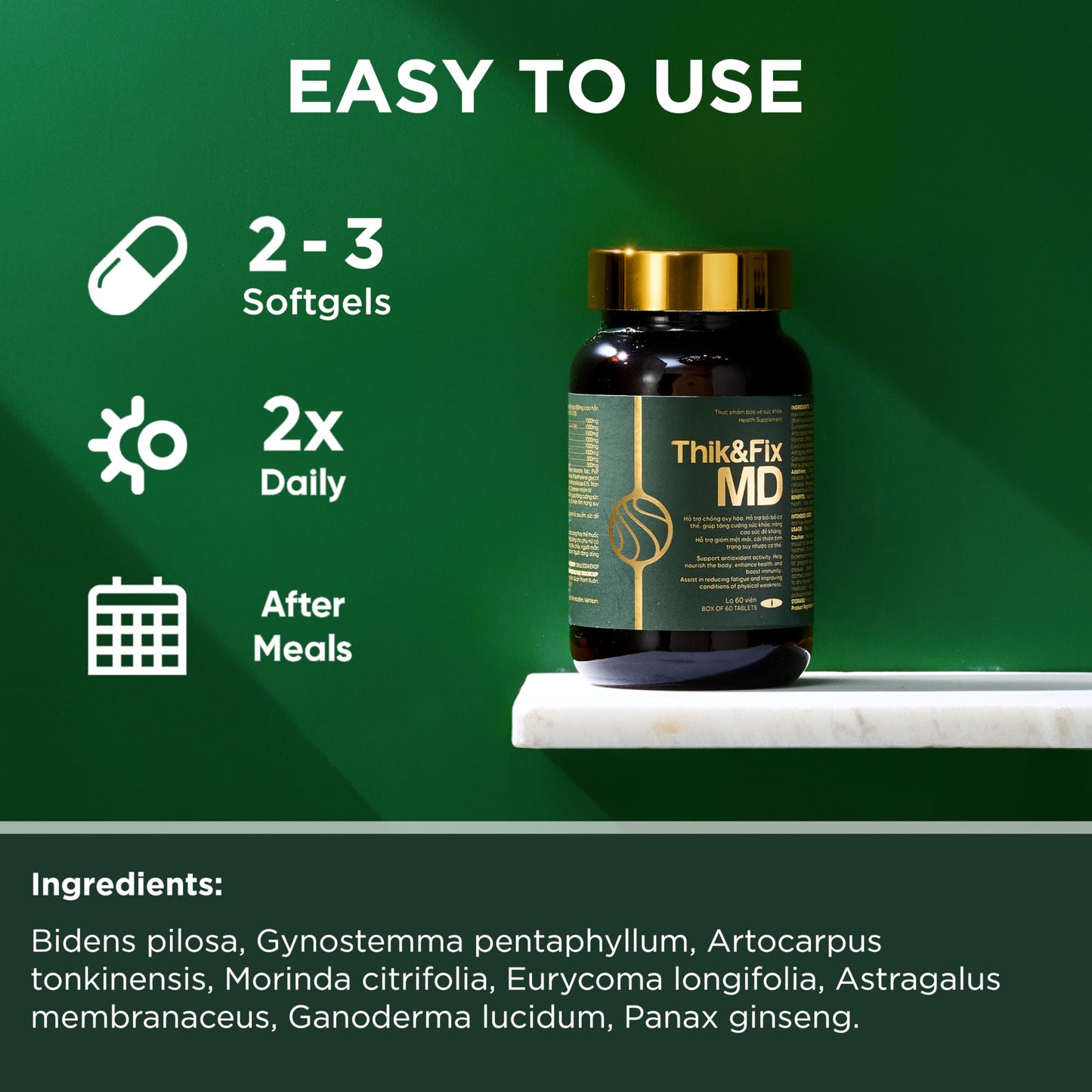 Thik&Fix MD Immune Support Supplement with Natural Herbs, Ginseng Extract & Reishi Mushroom Softgel, 60
