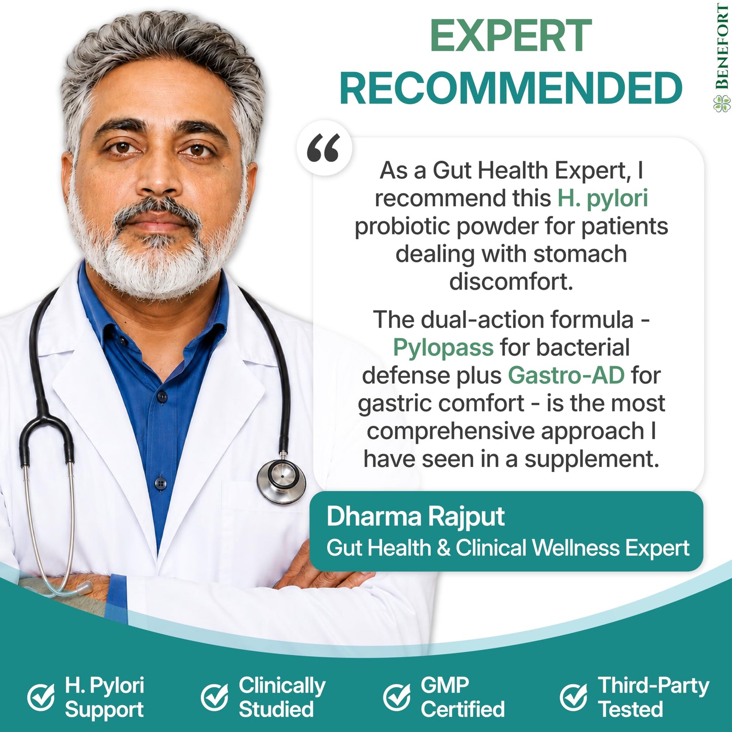 Benefort Gut Heal H Pylori Probiotic Powder with Pylopass & Gastro-AD, 60 Billion CFU L Reuteri Stomach Soothe Supplement, 30 Sachets