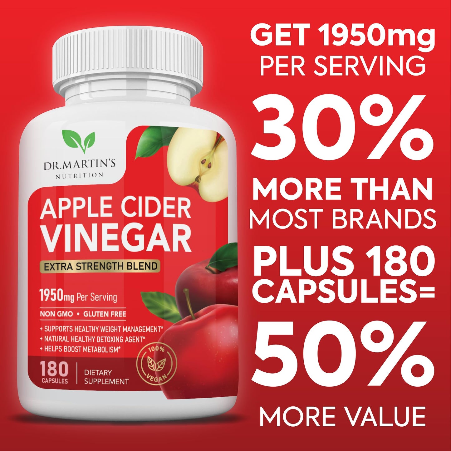 DR. MARTIN'S NUTRITION Pure 1950mg Apple Cider Vinegar Supplement Capsules 180