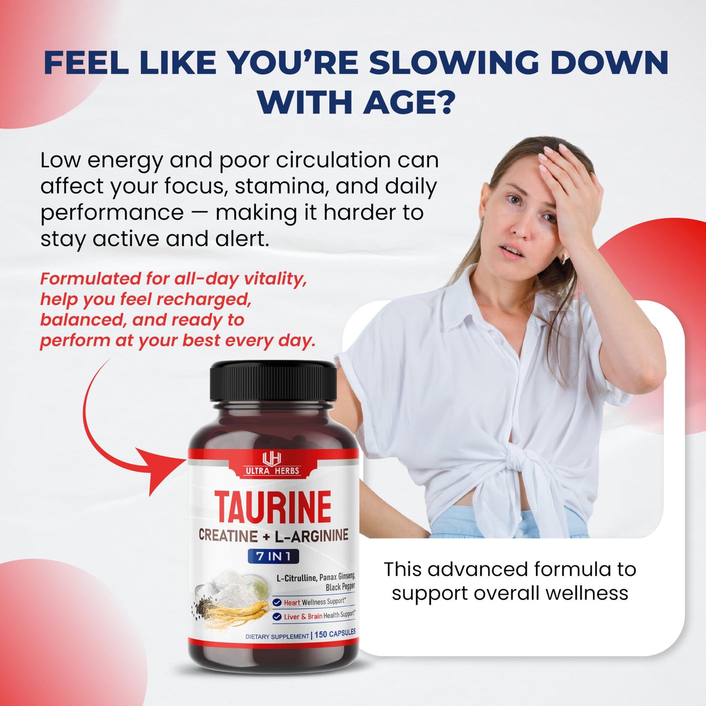 ULTRA HERBS Taurine Supplement with Creatine, L-Arginine, L-Citrulline & Panax Ginseng Capsules 150 Count