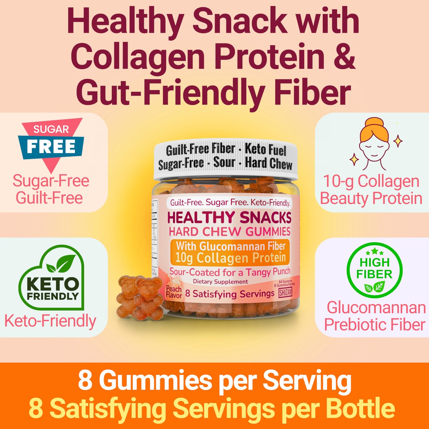SHIZAM High-Fiber Keto Snacks Collagen Protein Gummy 64 Count