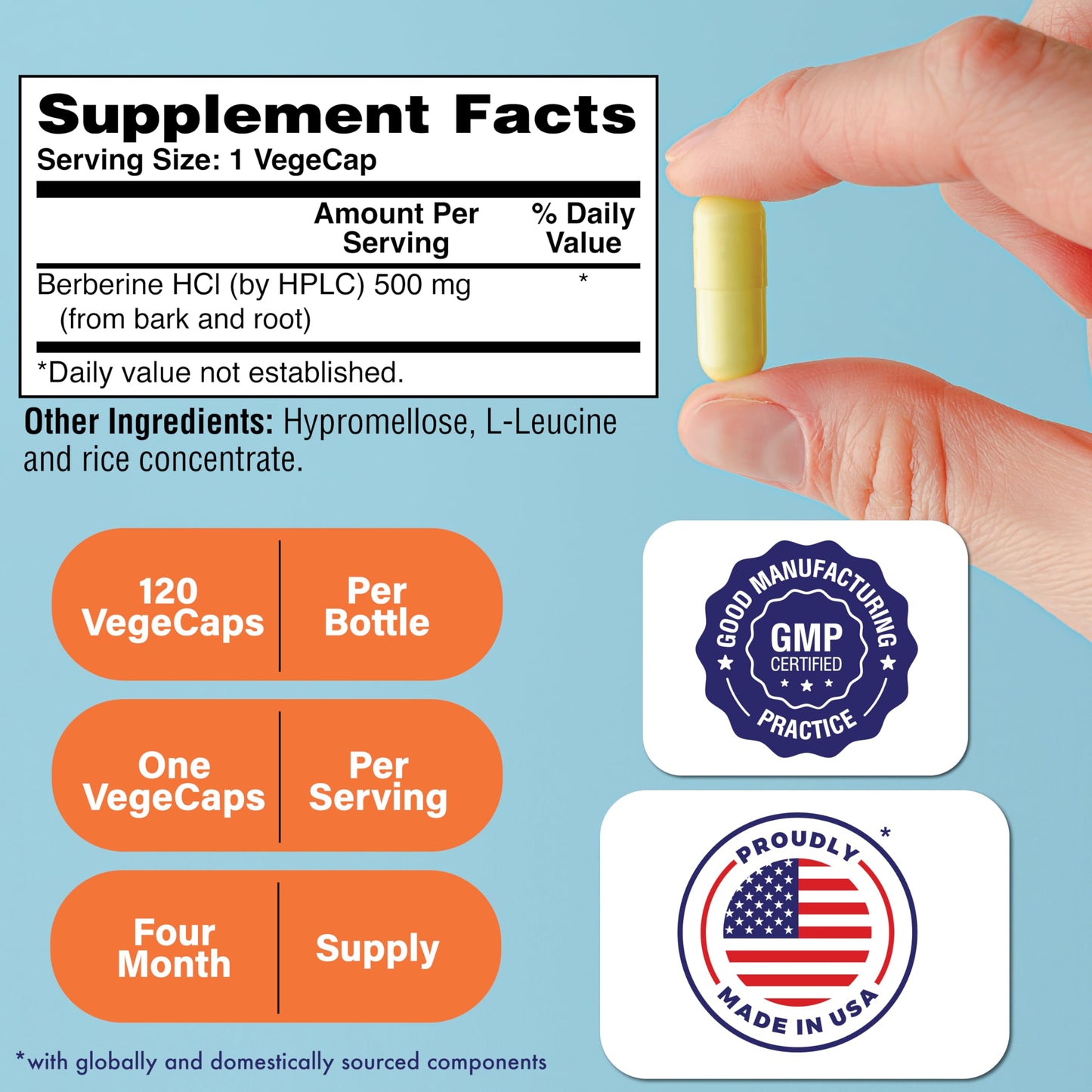 Health Thru Nutrition Berberine HCl 500mg Capsule, 120 Count