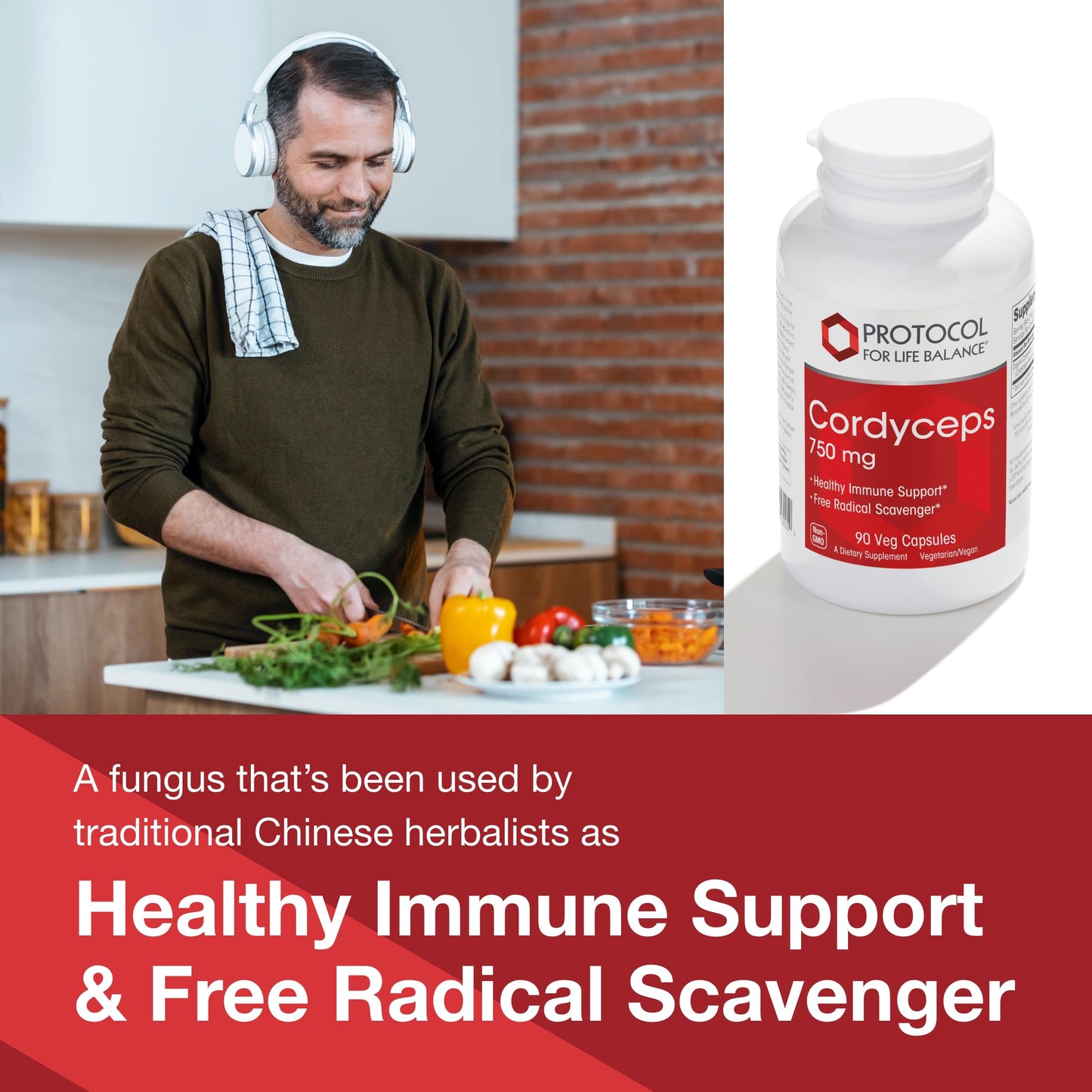 Protocol for Life Balance Cordyceps 750mg Capsules for Immune Support and Vascular Health, Non-GMO, 90 Veg Caps