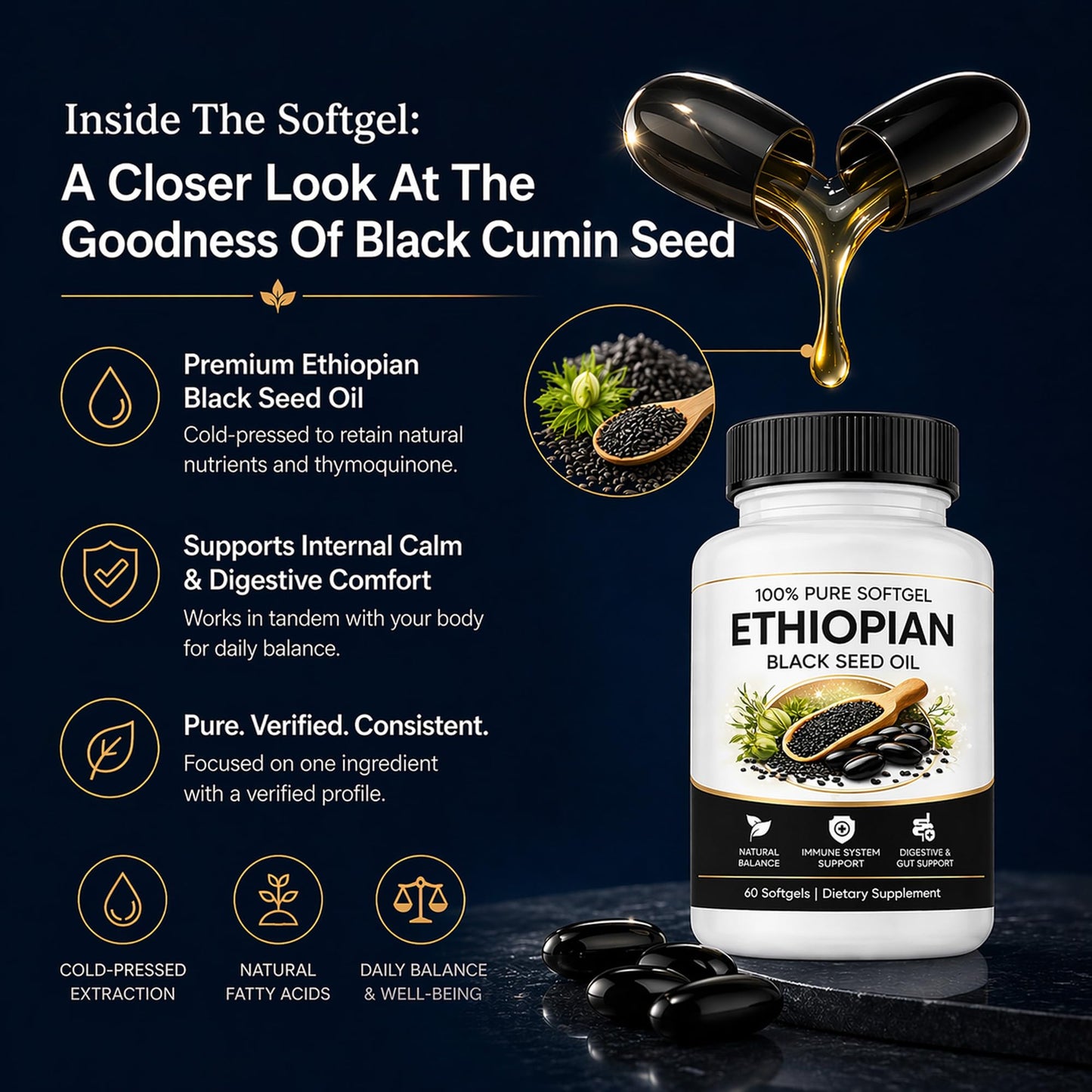DXWXH Purelynutrient Solsone Ethiopian Black Seed Oil Capsule, 1 Capsule