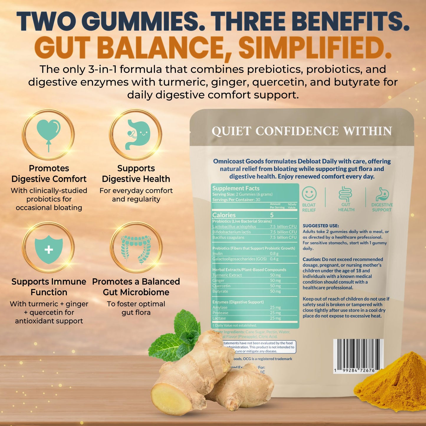 OMNICOAST GOODS Debloat Daily 3-in-1 Prebiotic, Probiotic & Digestive Enzyme Gummies, 2 Pack