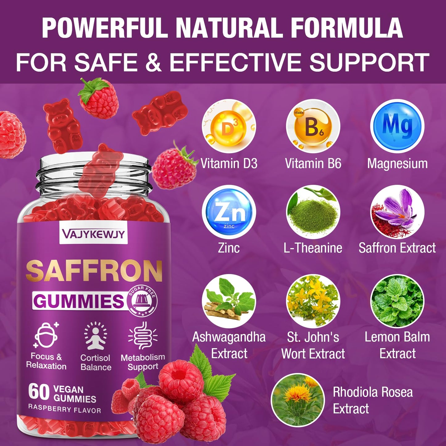 VAJYKEWJY Saffron Gummies with Magnesium for Mood & Focus, 60 Count