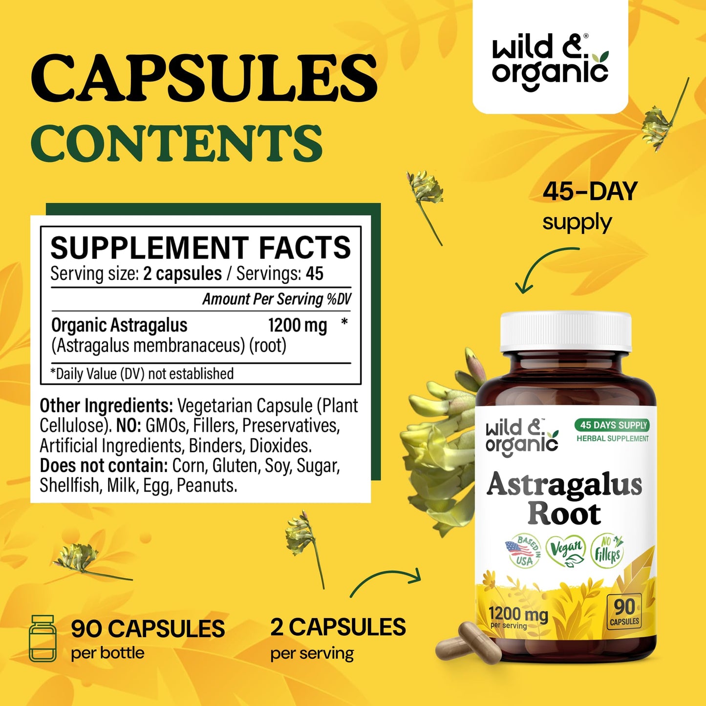 Wild & Organic Astragalus 1200 mg Capsules, 60 Count