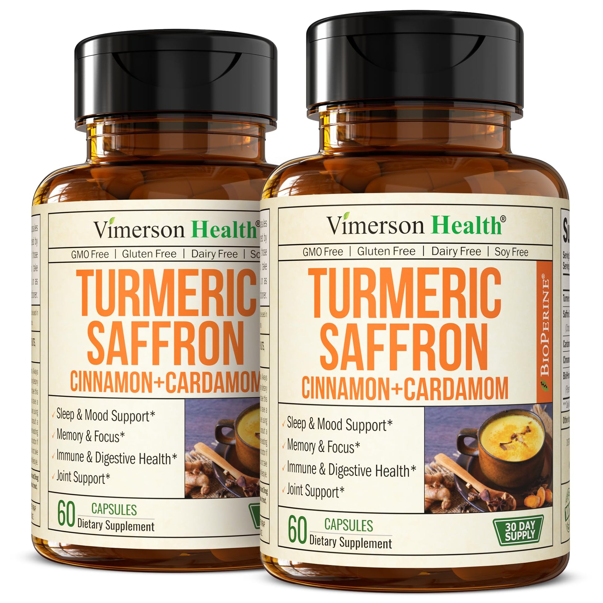 Vimerson Health Saffron Turmeric Curcumin Supplement with Saffron Extract (89mg), Ceylon Cinnamon, and Cardamom, 120 Capsules