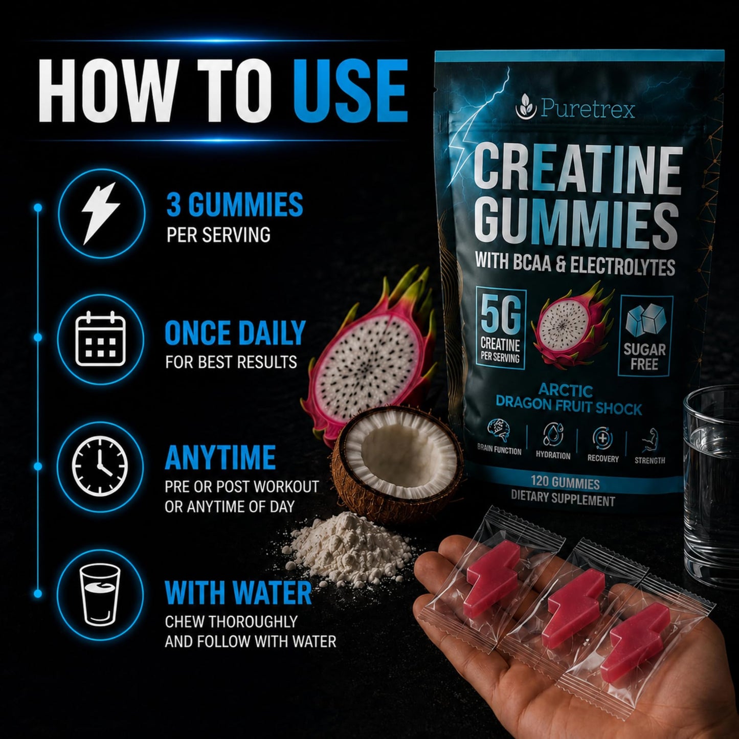 PURETREX Creatine Gummies with BCAA and Electrolytes 5g Creatine Monohydrate per Serving Arctic Dragon Fruit Flavor Vegan Sugar Free, 120 Count