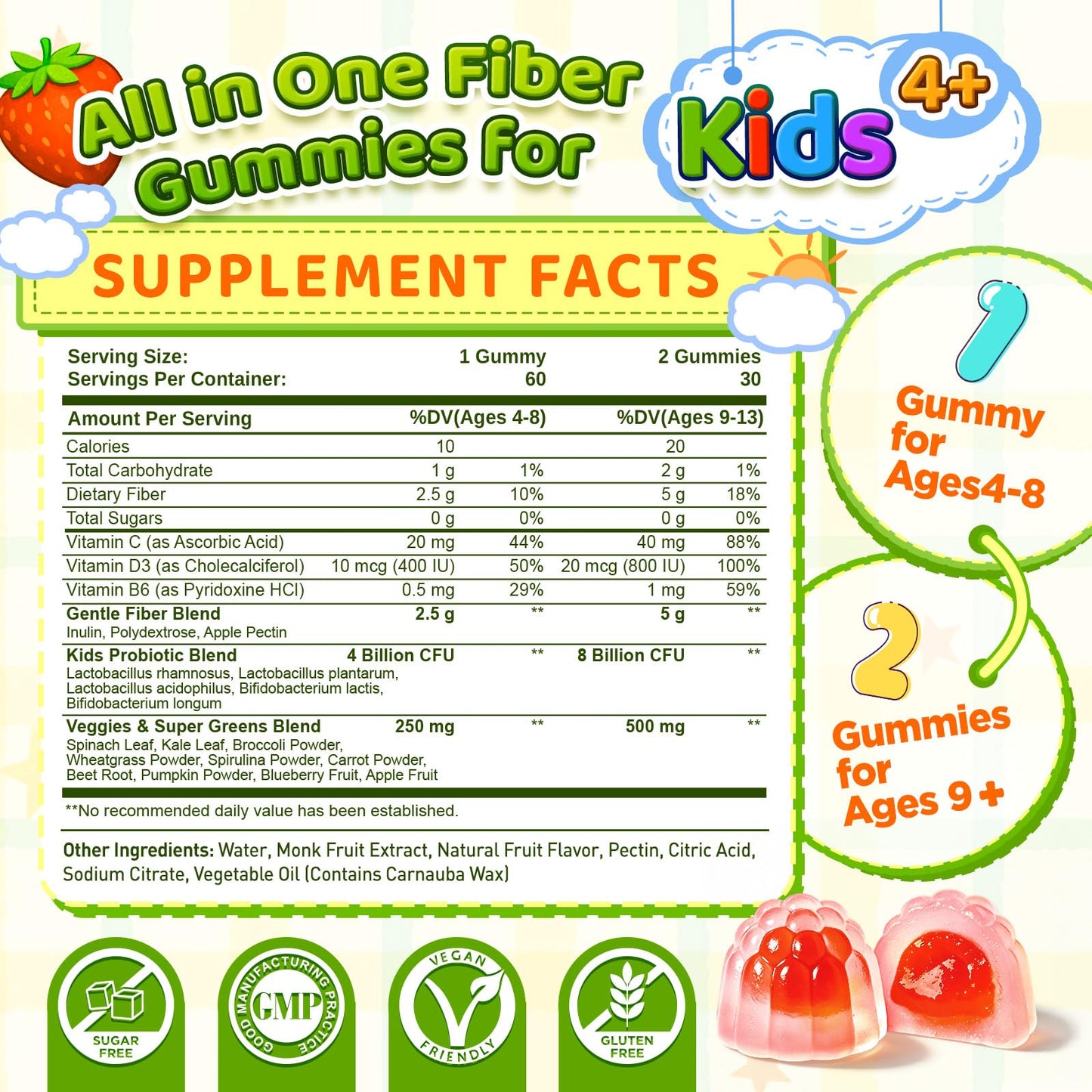 Duwhot Kids Fiber Gummies 5g with Probiotics Gummy, 60 Count