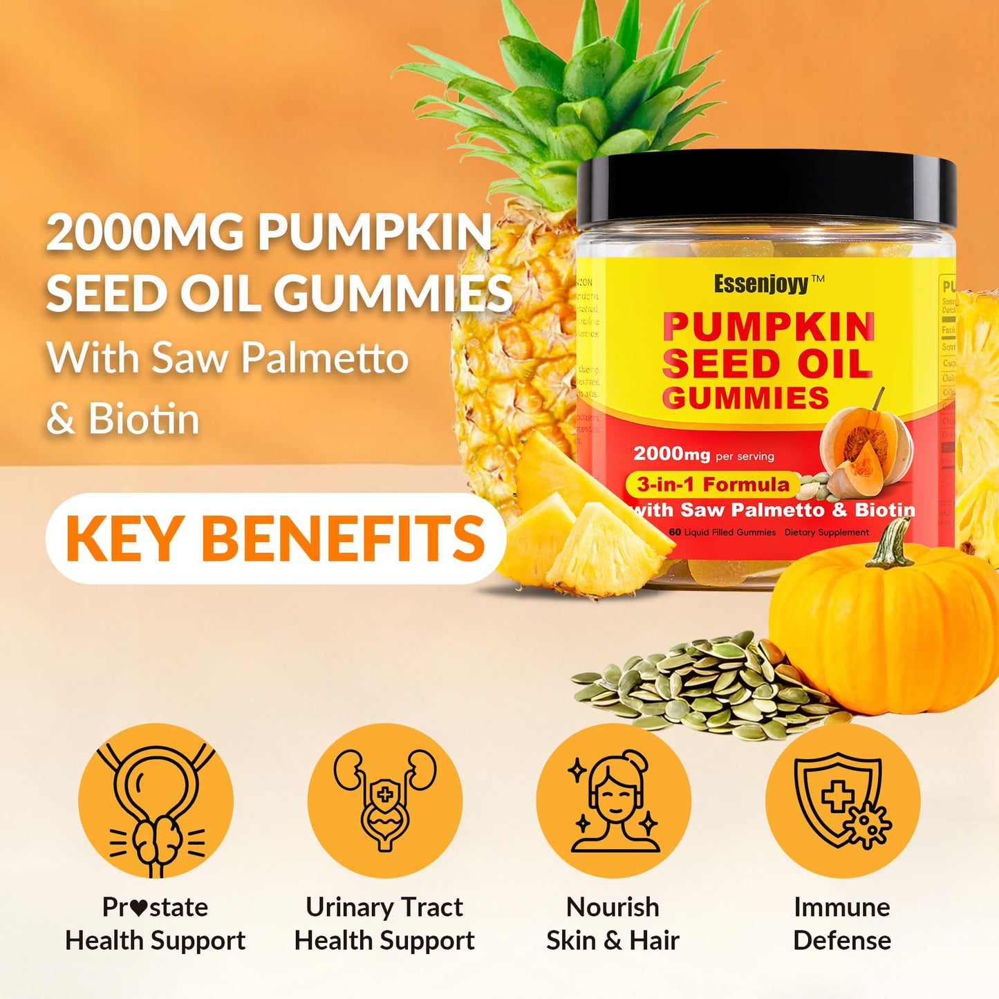 ESSENJOYY Sugar Free Pumpkin Seed Oil Gummies 2000mg with Saw Palmetto & Biotin, 60 Count