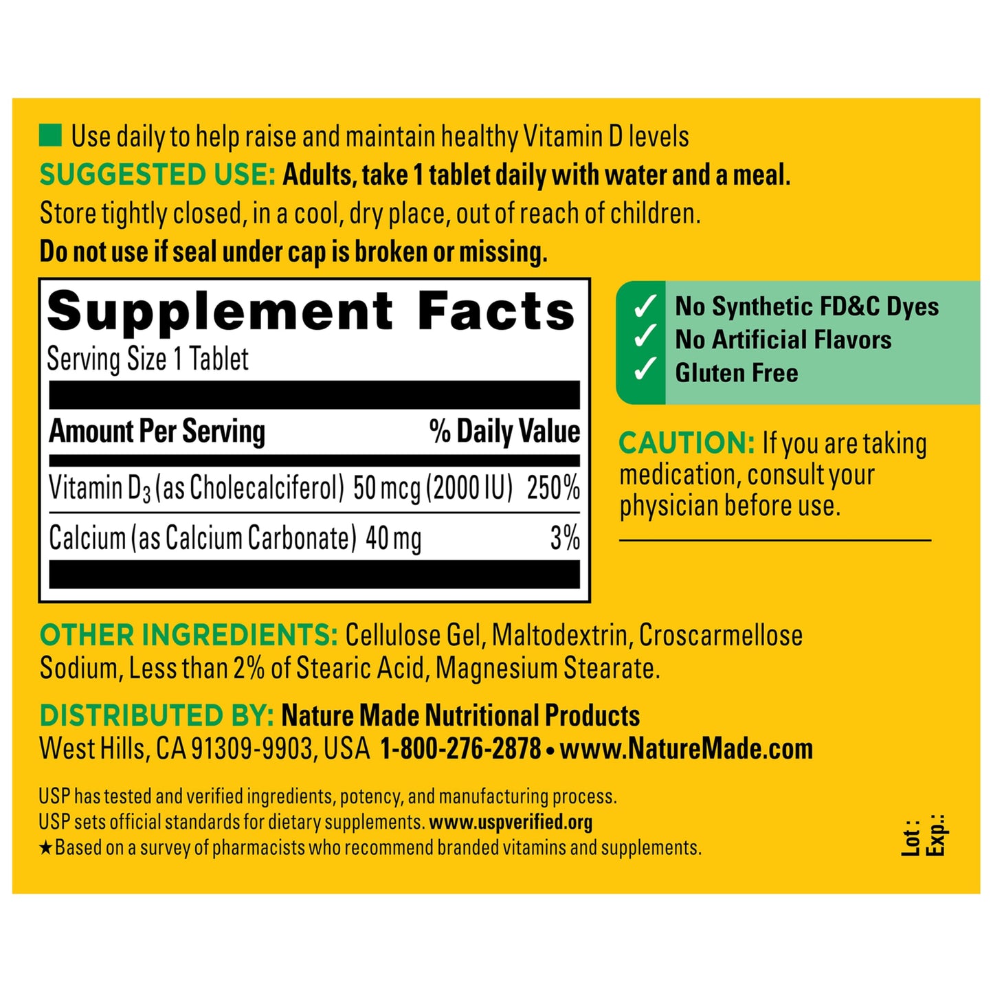 Nature Made Vitamin D3 2000 IU (50 mcg), 220 Tablets
