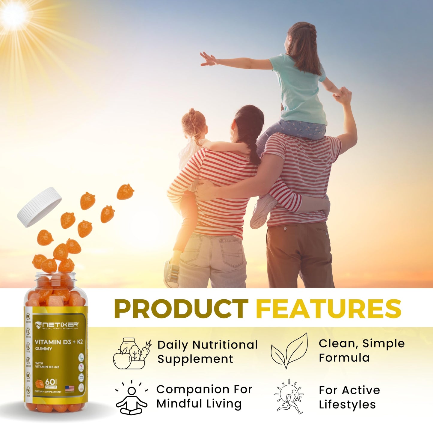 nETiXER Vitamin D3 K2 Gummies 60 Count