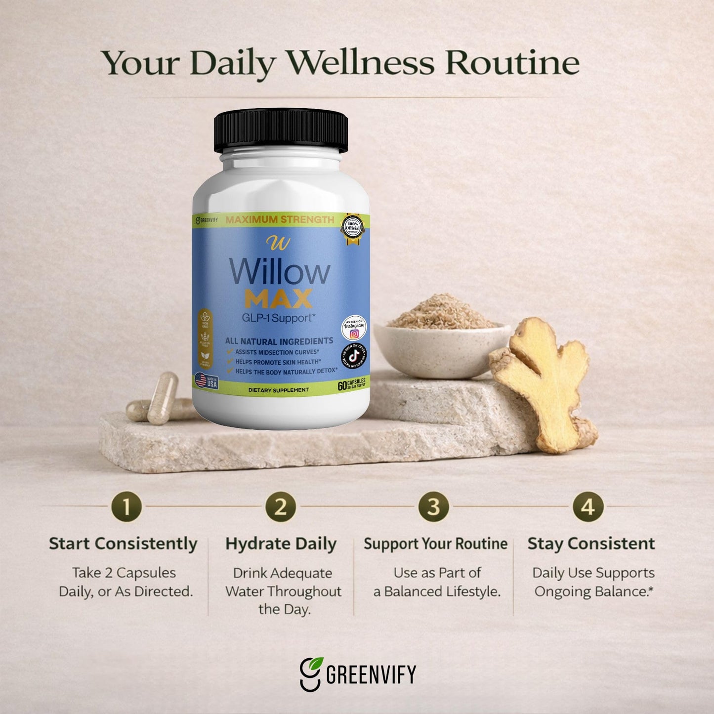 GREENVIFY Willow MAX GLP-1 Support Dietary Supplement Capsule, 60 Capsules