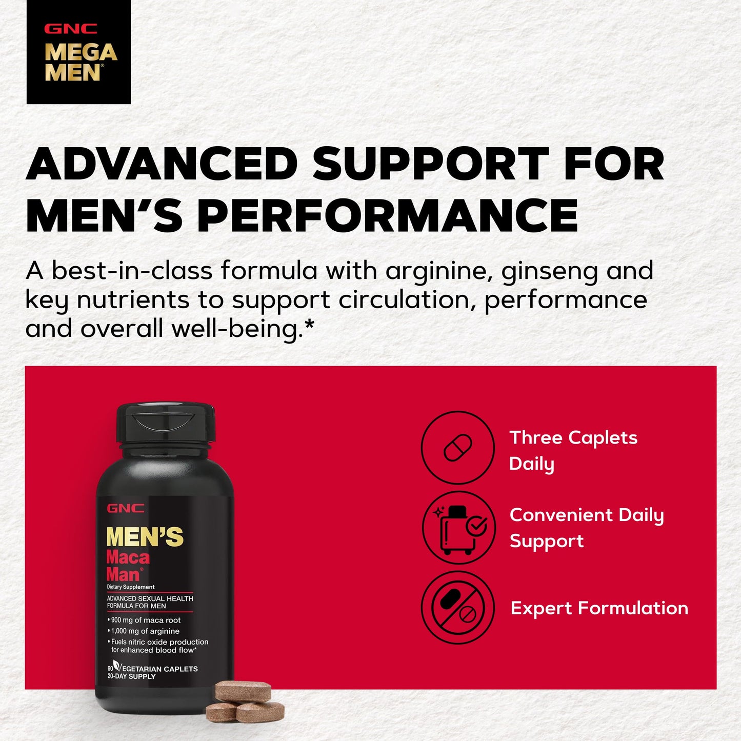 GNC Maca Man Maca Root Arginine for Enhanced Blood Flow Caplets 60 Count