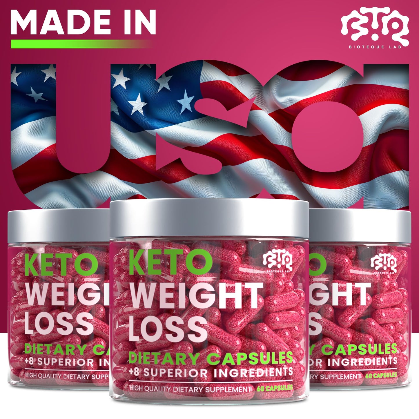 BIOTEQUELAB Keto Weight Loss Diet Pills Natural Appetite Suppressant Fat Burner with Apple Cider and Green Coffee Bean Extract, Capsule, 60 Count