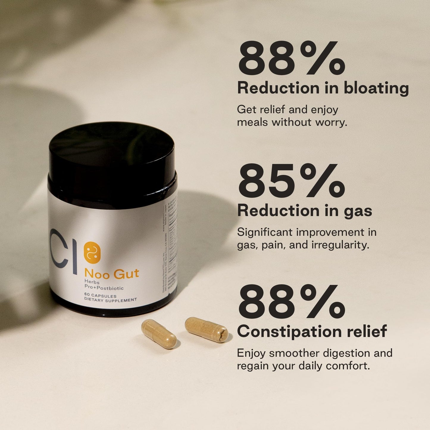 NOOCI NOO Gut, Gut + Skin: 3-in-1 Gut Health Supplement with Herbs, Probiotic & Postbiotic, Digestive Support for Bloating & Constipation, 60 Capsules